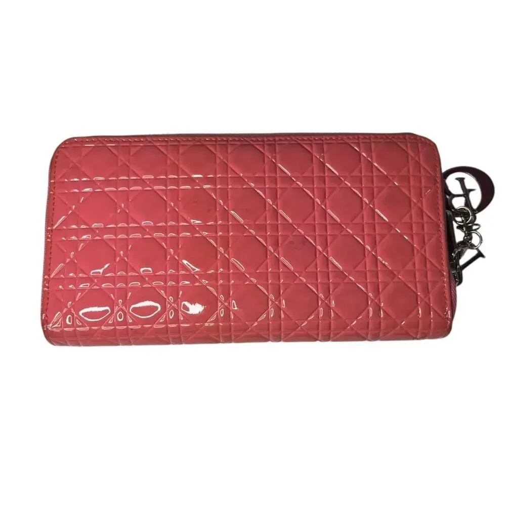 Dior Pink Patent Leather Cannage Quilted Zip Around Wallet 2016